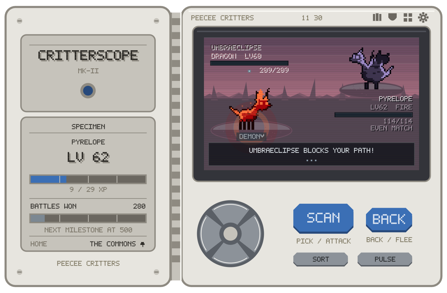 A battle between two pixel creatures