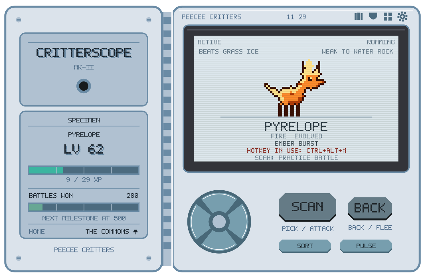 The CritterScope open, showing a creature's stats on its screen