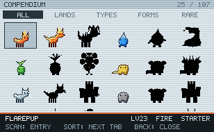 The compendium, stepping through its tabs: all, lands, types, forms and rare