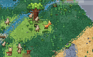 A critter walking through a forest on the map, with wild critters in the grass