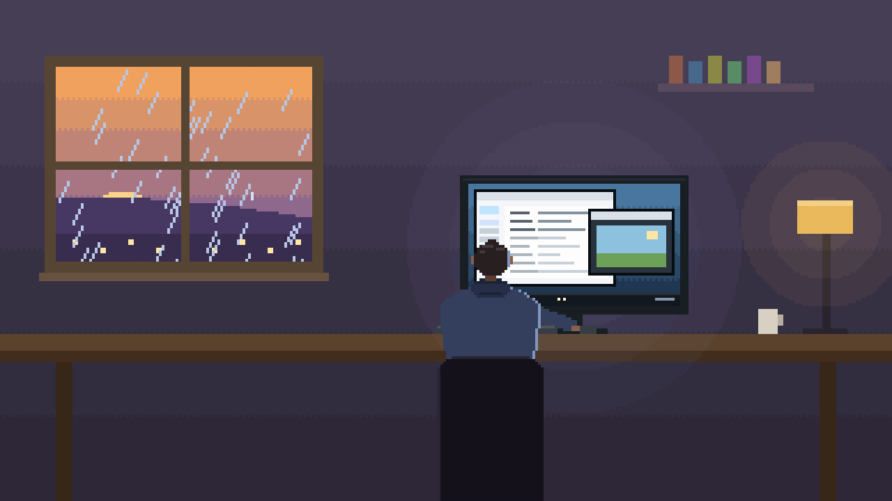 A still from the trailer: a rainy room at dusk, somebody at their computer
